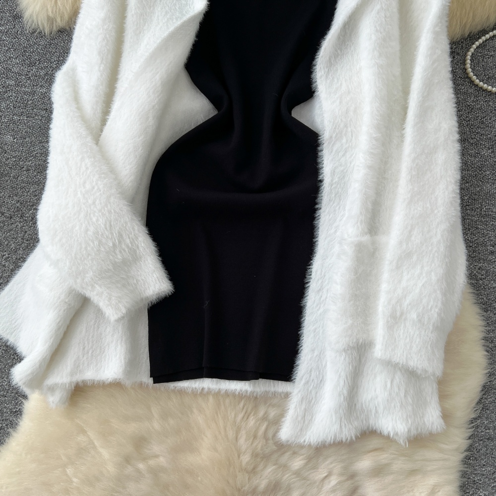 Bottoming plush dress hooded sweater 2pcs set for women