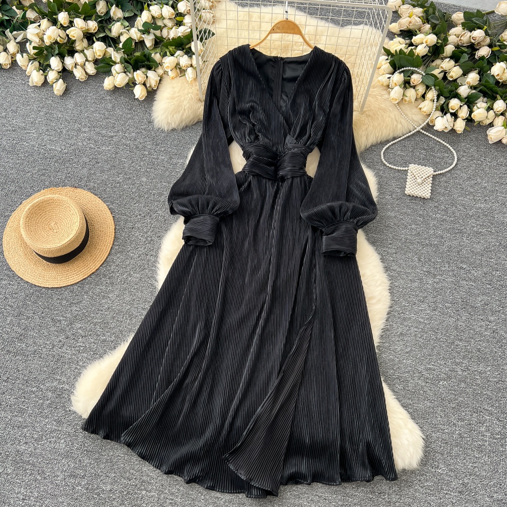 Pinched waist V-neck long dress glossy dress for women