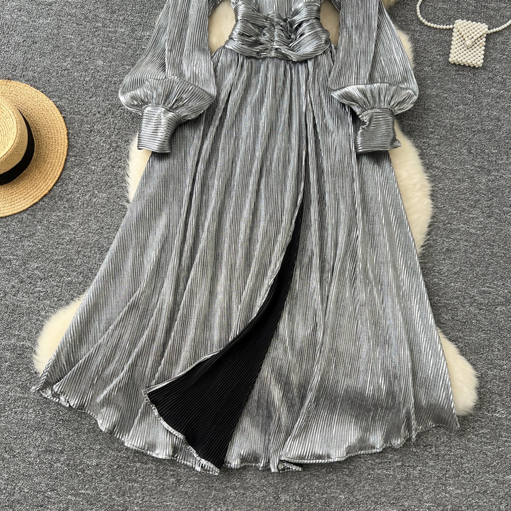 Pinched waist V-neck long dress glossy dress for women