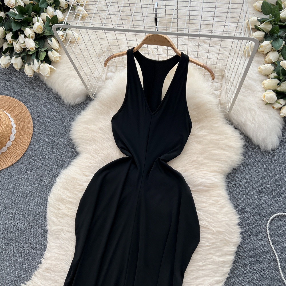 V-neck exceed knee long dress slim dress for women