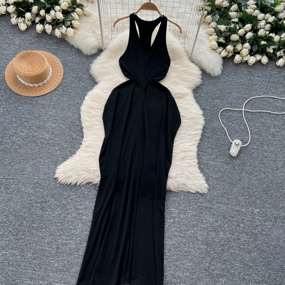 V-neck exceed knee long dress slim dress for women