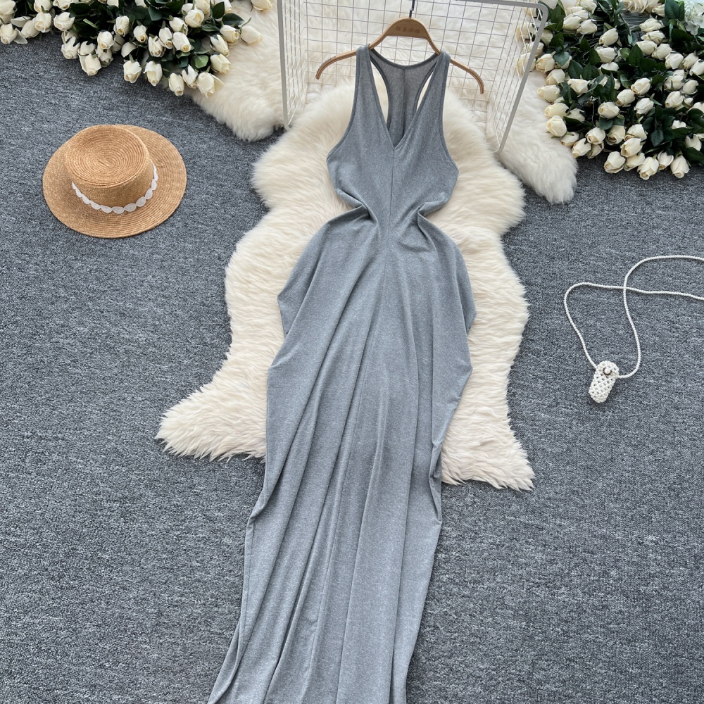 V-neck exceed knee long dress slim dress for women