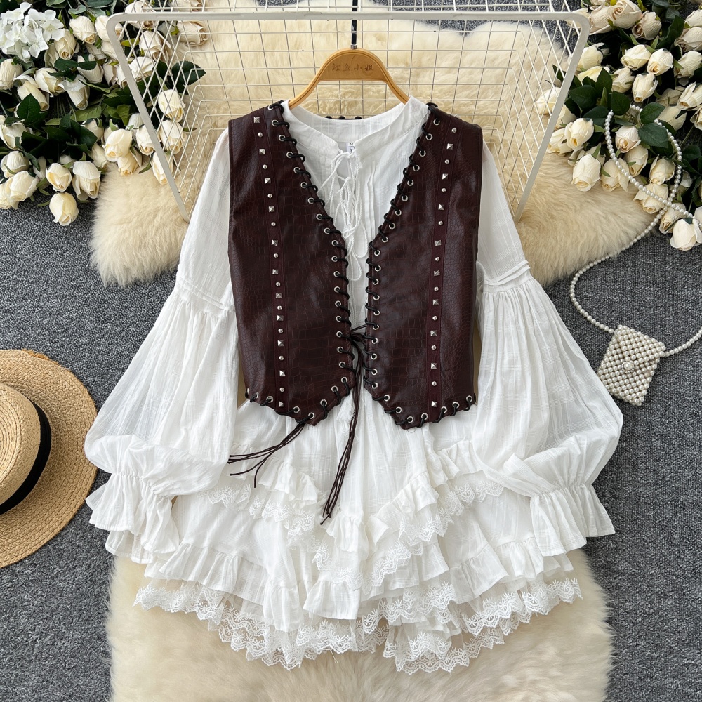 Western style leather coat waistcoat 2pcs set for women