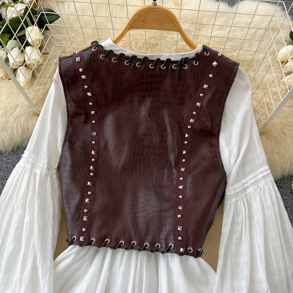 Western style leather coat waistcoat 2pcs set for women