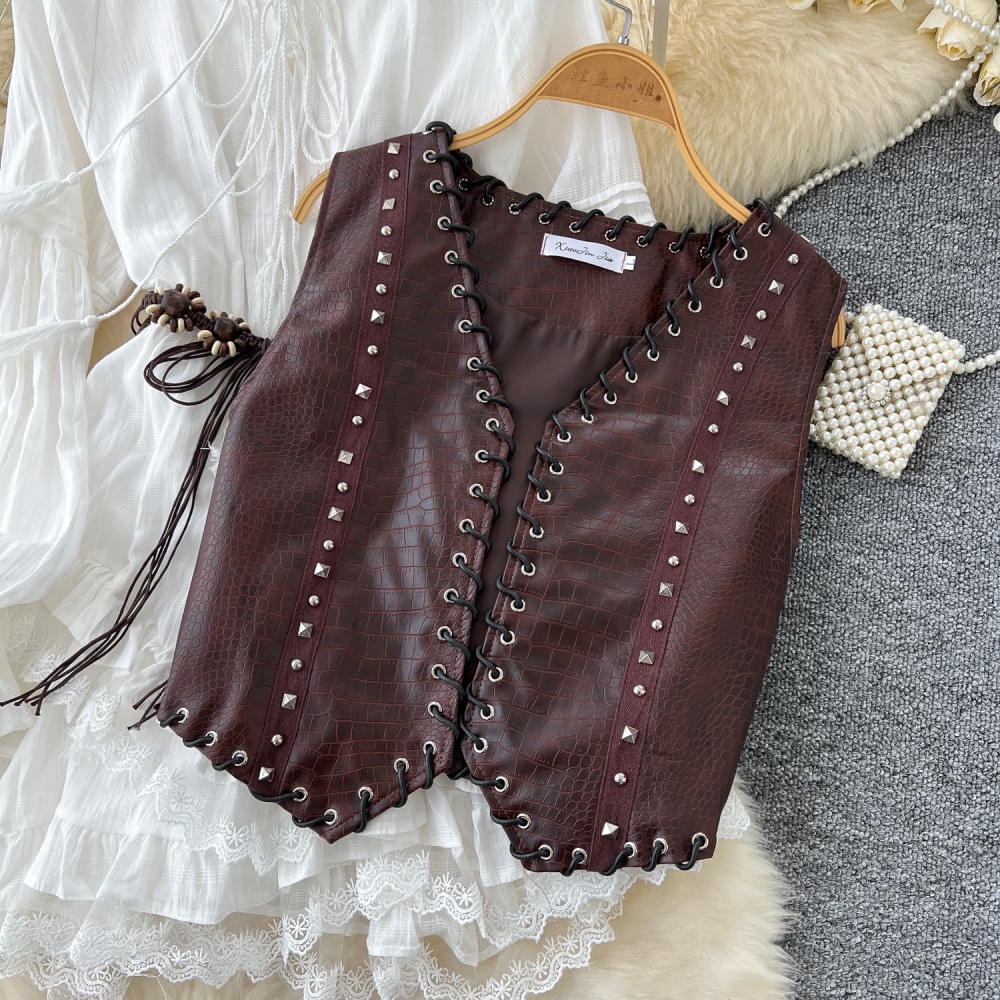 Western style leather coat waistcoat 2pcs set for women