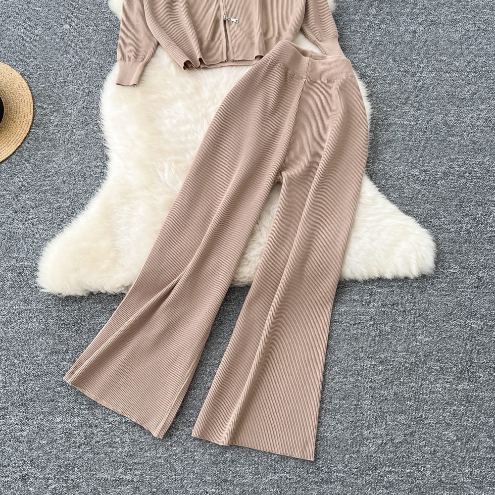 Casual high waist sweater wide leg coat a set