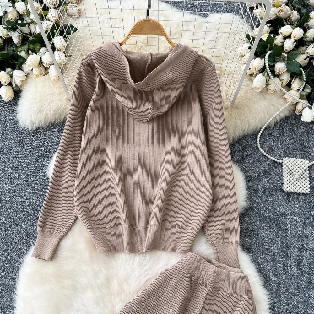 Casual high waist sweater wide leg coat a set