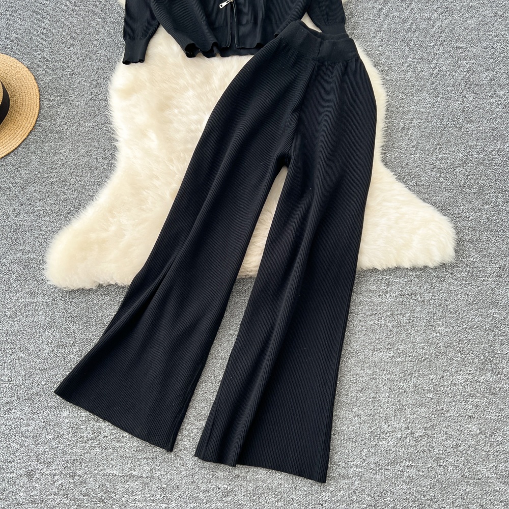 Casual high waist sweater wide leg coat a set