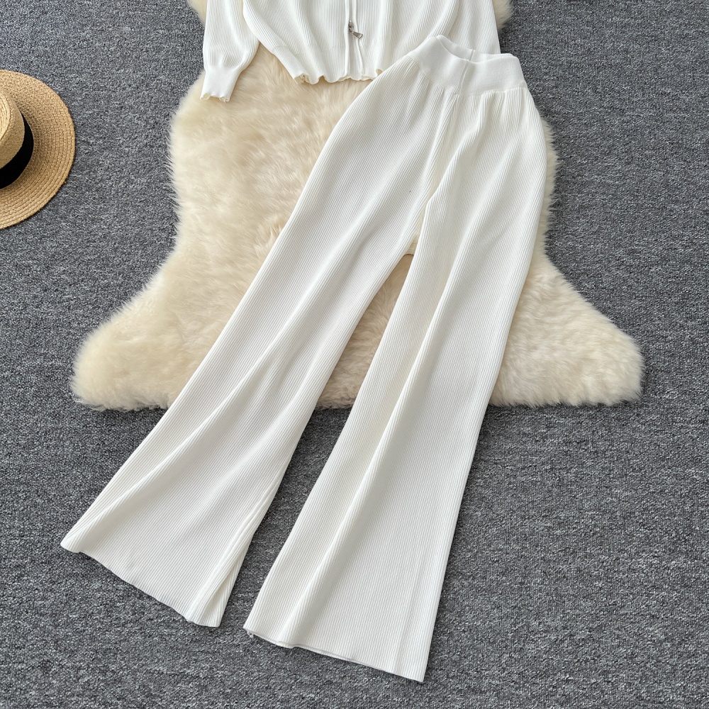 Casual high waist sweater wide leg coat a set