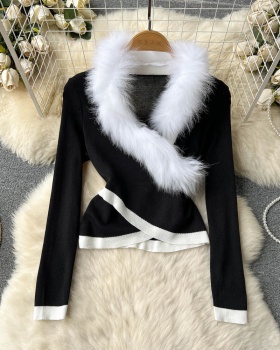 Cross autumn and winter fur collar unique sweater for women