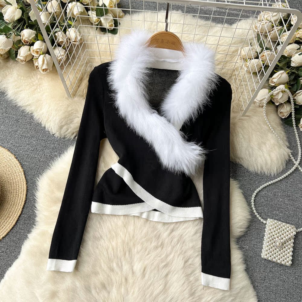 Cross autumn and winter fur collar unique sweater for women