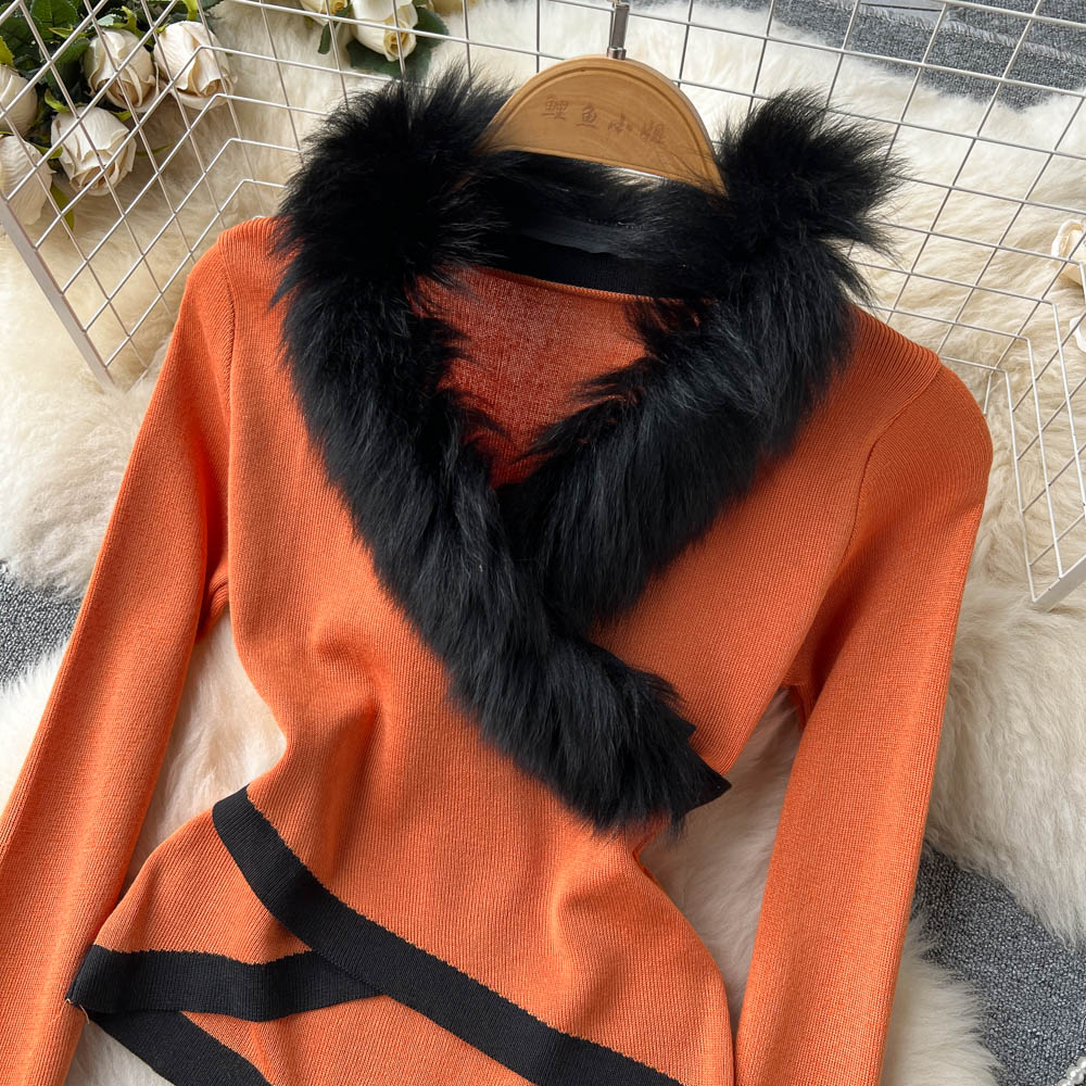 Cross autumn and winter fur collar unique sweater for women