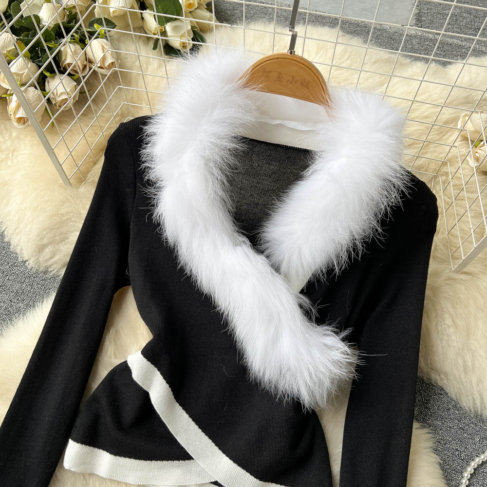 Cross autumn and winter fur collar unique sweater for women