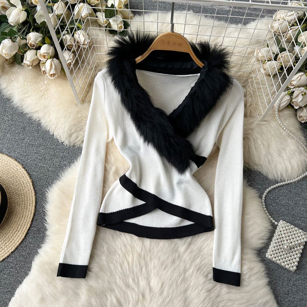 Cross autumn and winter fur collar unique sweater for women