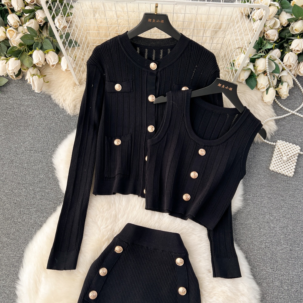 Knitted temperament skirt double-breasted cardigan 3pcs set