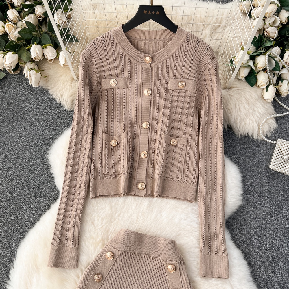 Knitted temperament skirt double-breasted cardigan 3pcs set