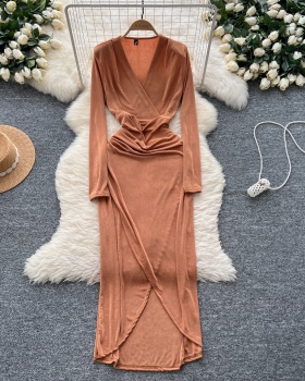 Pinched waist long sleeve dress fold formal dress for women