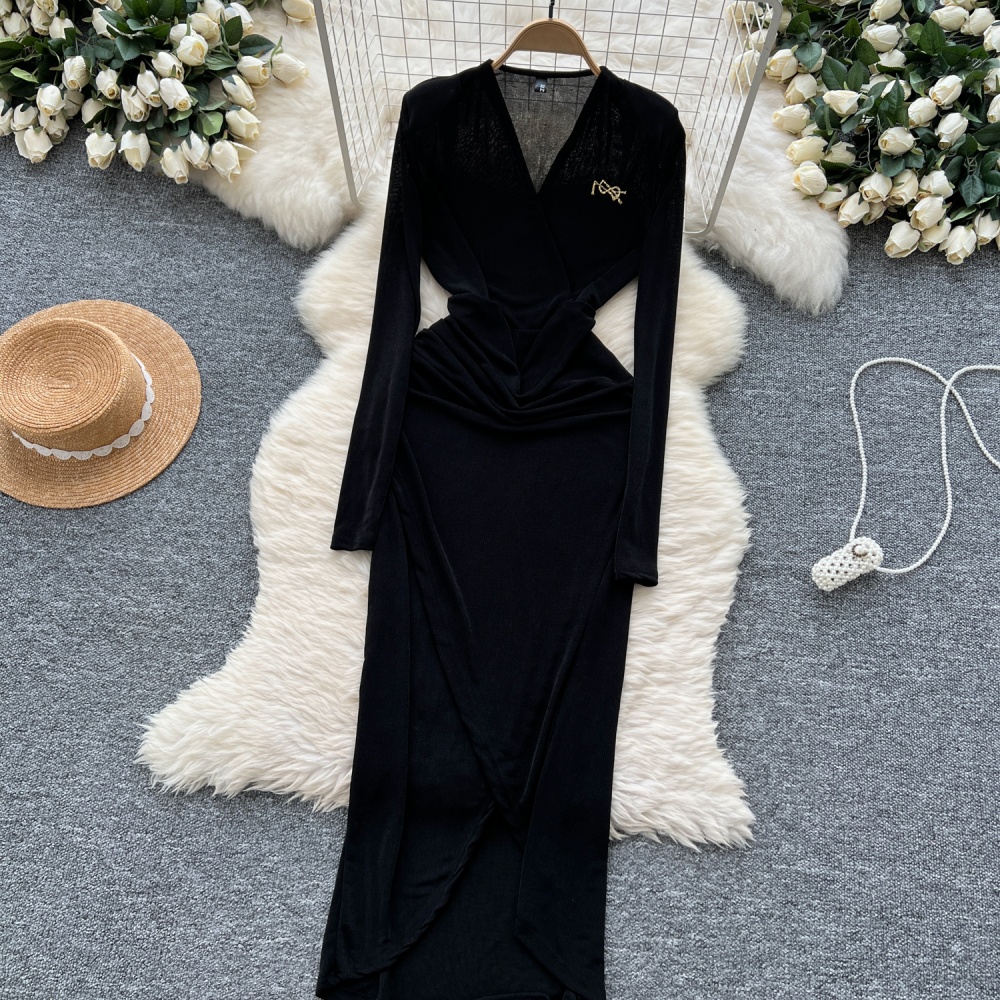 Pinched waist long sleeve dress fold formal dress for women