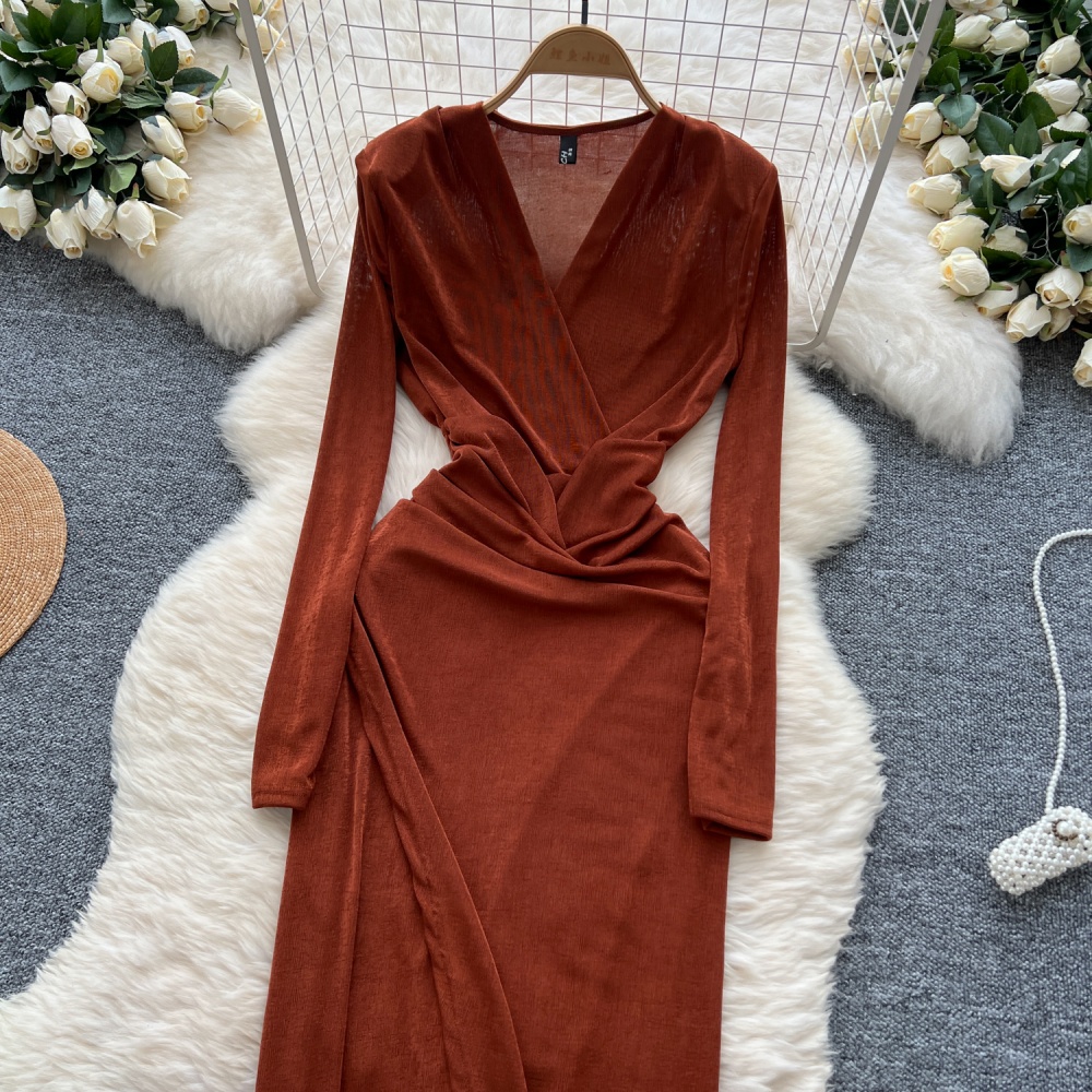 Pinched waist long sleeve dress fold formal dress for women