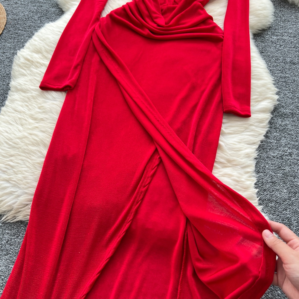 Pinched waist long sleeve dress fold formal dress for women