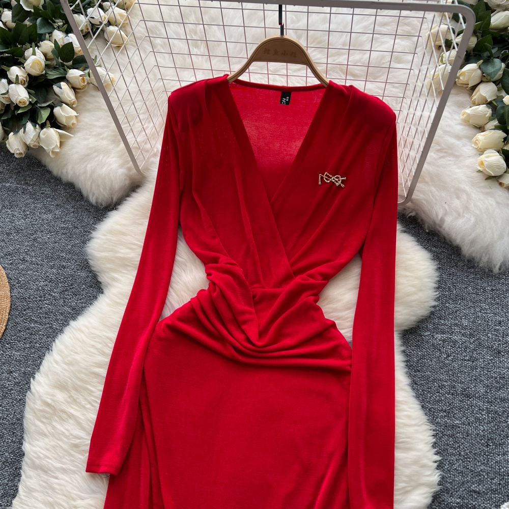 Pinched waist long sleeve dress fold formal dress for women