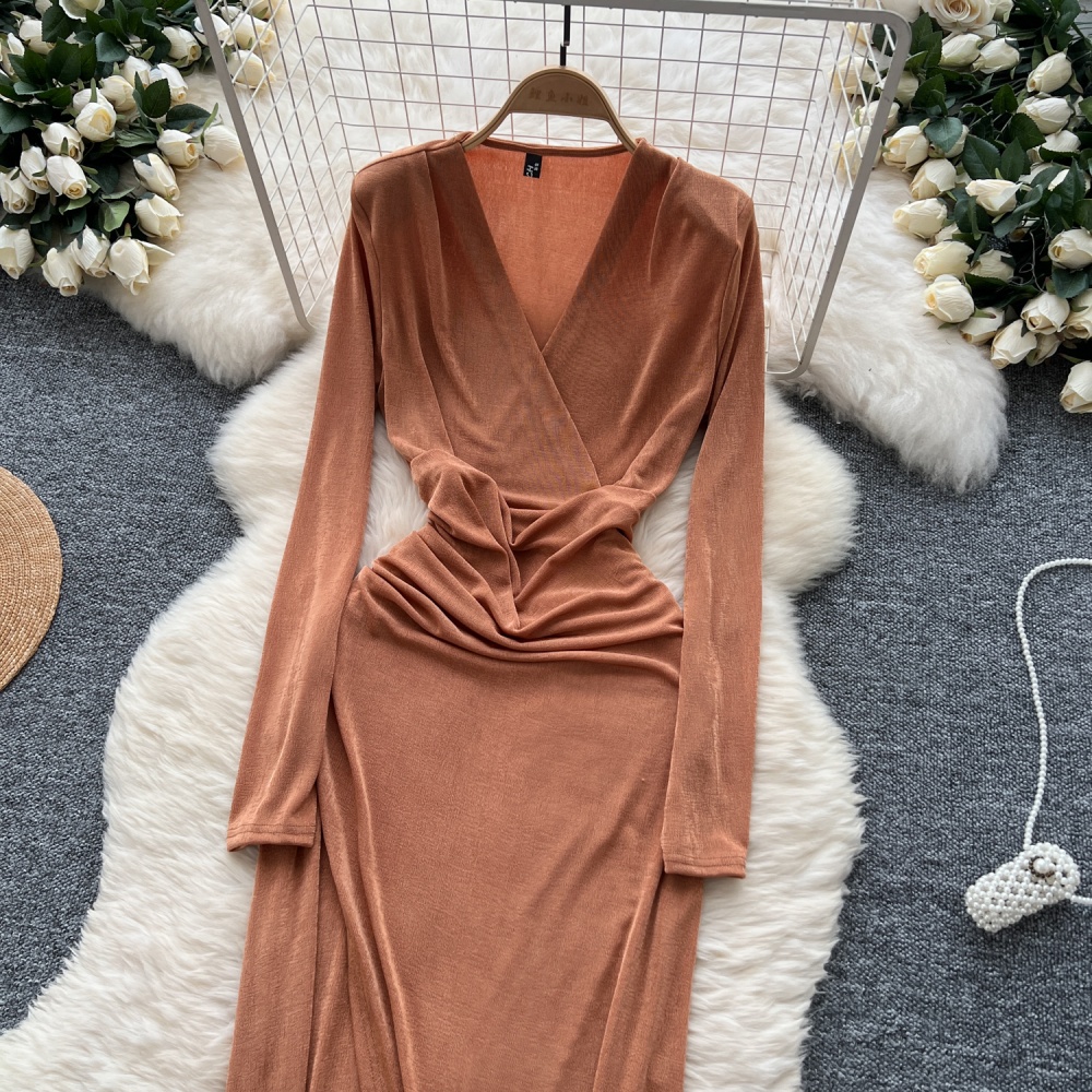 Pinched waist long sleeve dress fold formal dress for women