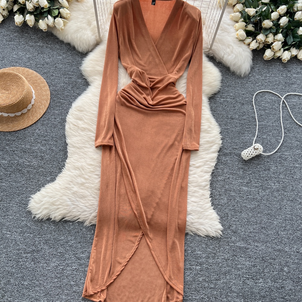 Pinched waist long sleeve dress fold formal dress for women