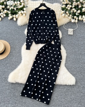 All-match polka dot sweater round neck coat 2pcs set for women