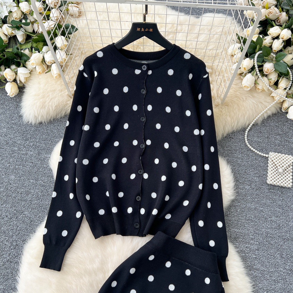 All-match polka dot sweater round neck coat 2pcs set for women