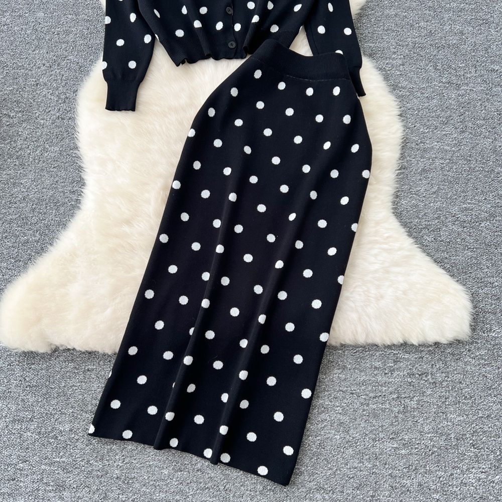 All-match polka dot sweater round neck coat 2pcs set for women