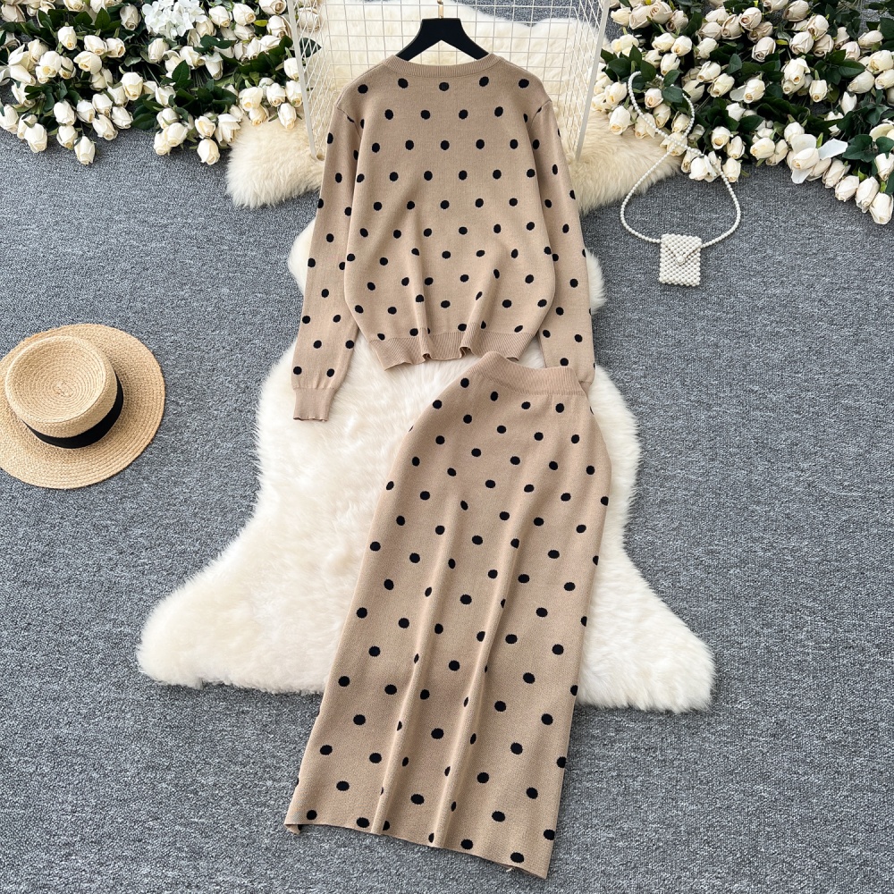 All-match polka dot sweater round neck coat 2pcs set for women