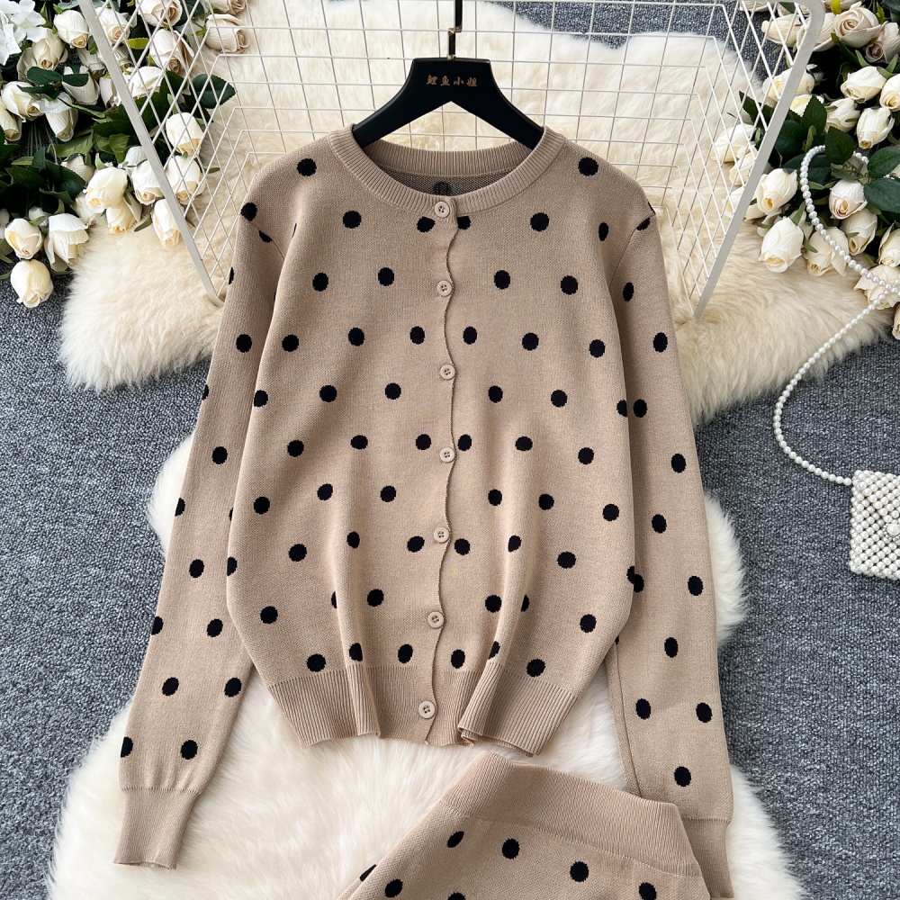 All-match polka dot sweater round neck coat 2pcs set for women