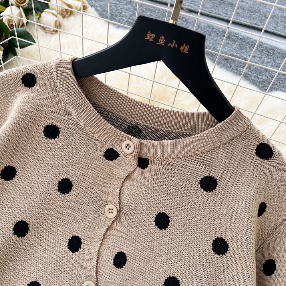 All-match polka dot sweater round neck coat 2pcs set for women