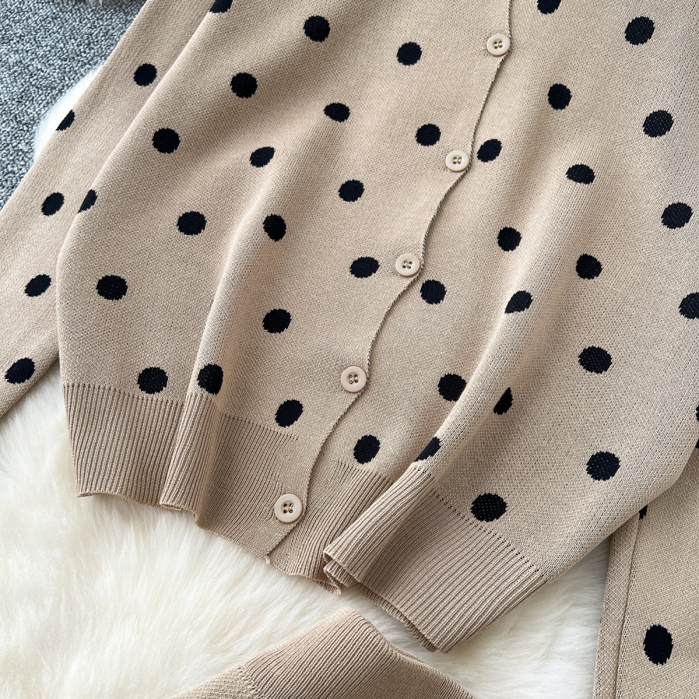 All-match polka dot sweater round neck coat 2pcs set for women