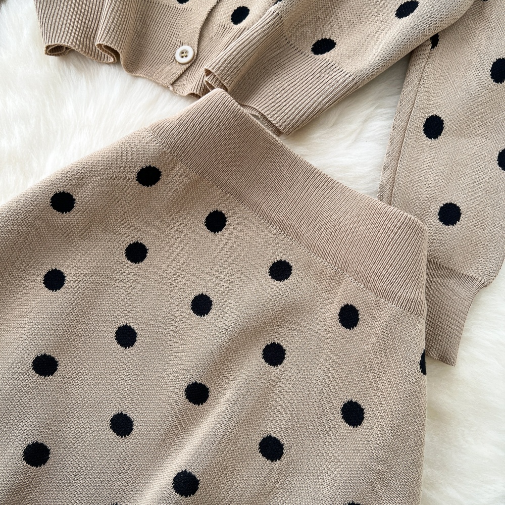 All-match polka dot sweater round neck coat 2pcs set for women