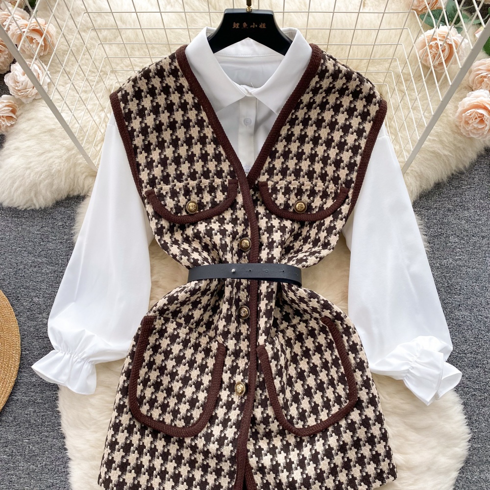 Chanelstyle loose shirt pinched waist waistcoat a set