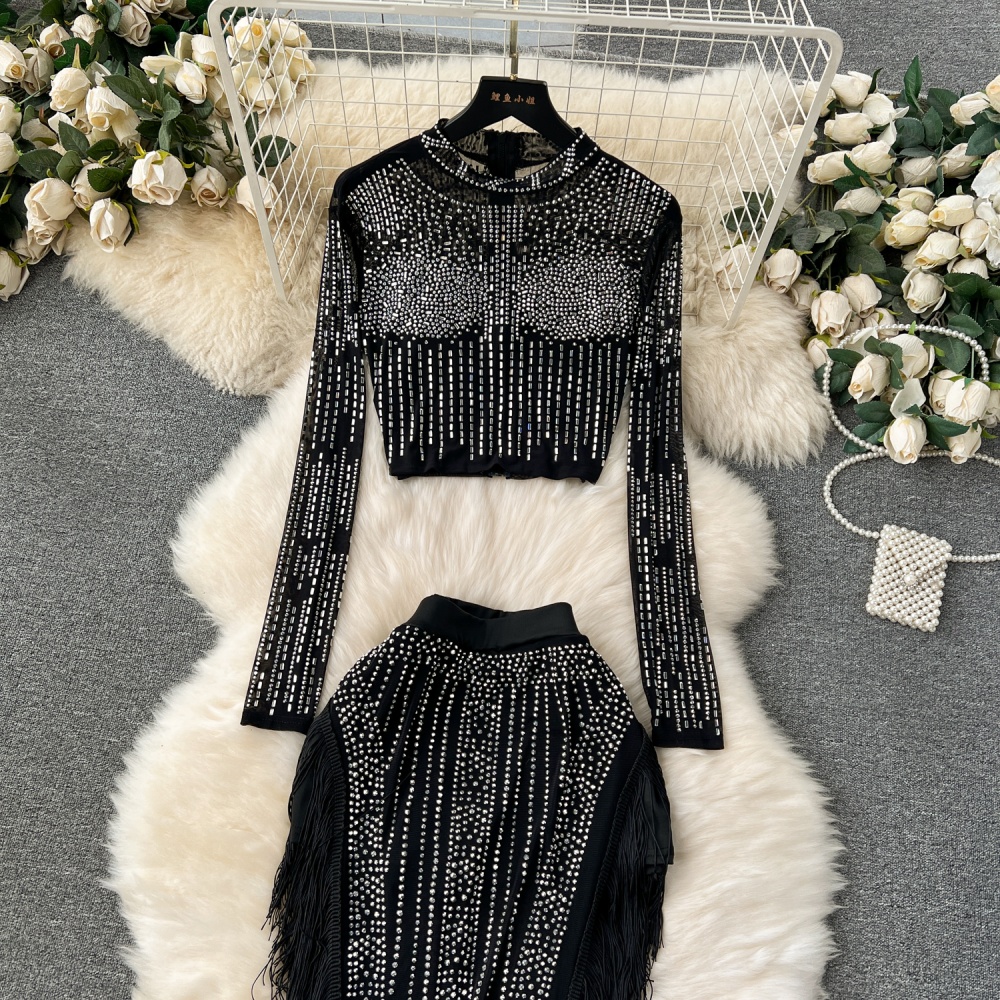 Fashion niche tops European style rhinestone skirt 2pcs set