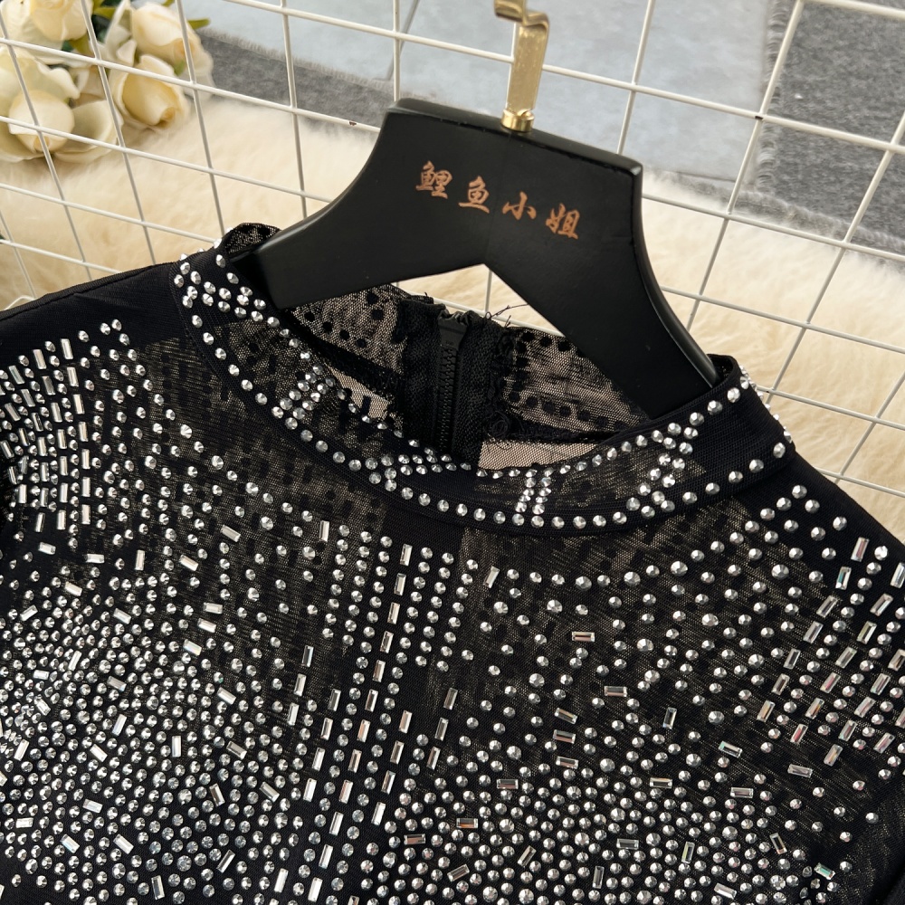 Fashion niche tops European style rhinestone skirt 2pcs set