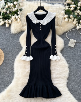 Pinched waist elasticity long dress doll collar dress