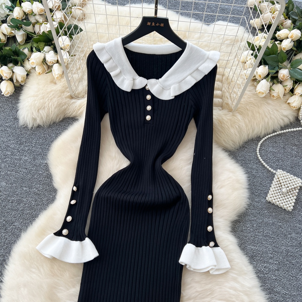 Pinched waist elasticity long dress doll collar dress