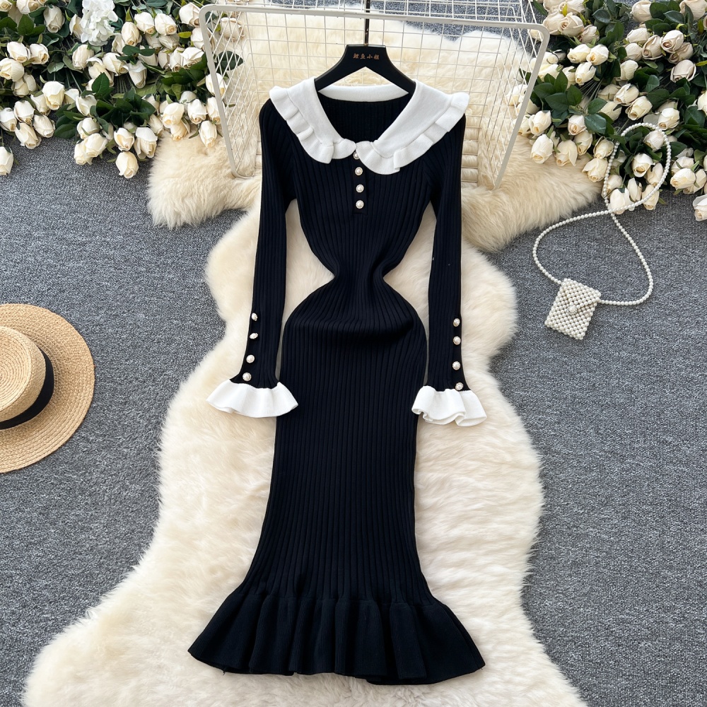 Pinched waist elasticity long dress doll collar dress