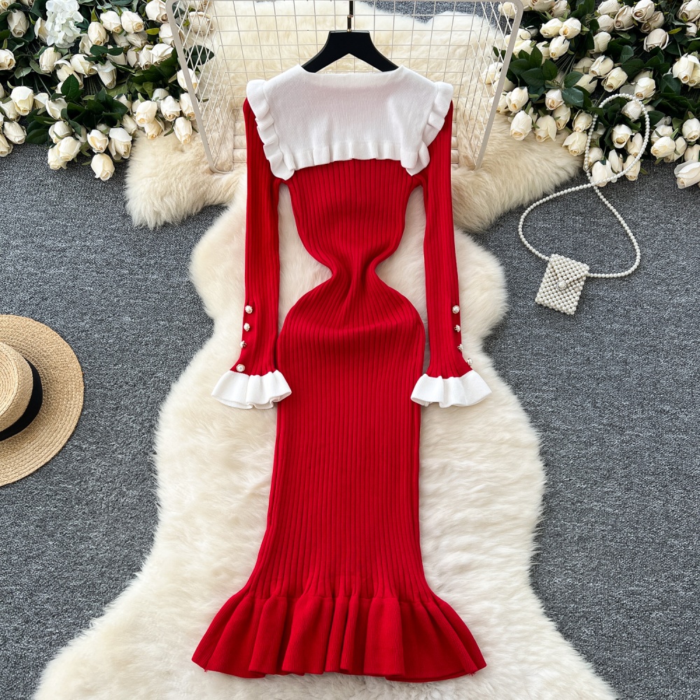 Pinched waist elasticity long dress doll collar dress