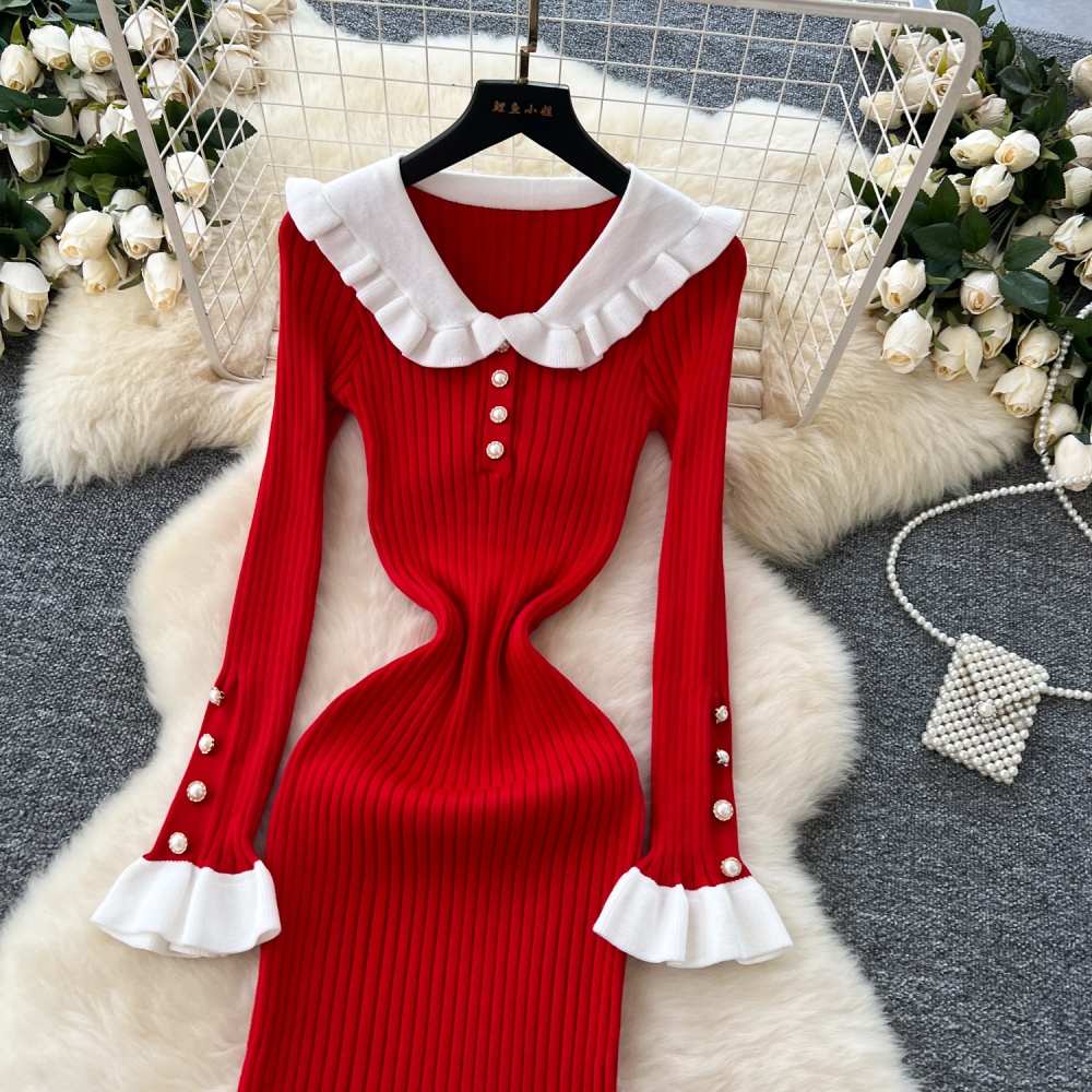 Pinched waist elasticity long dress doll collar dress