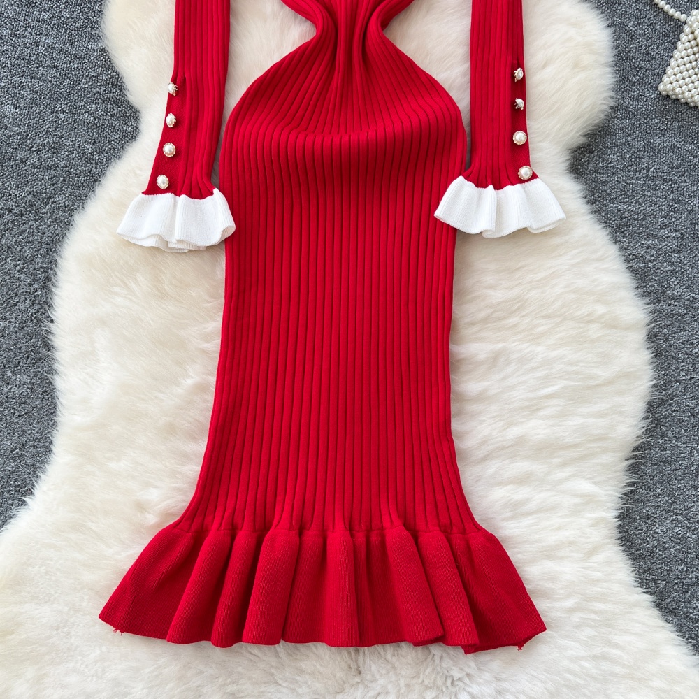 Pinched waist elasticity long dress doll collar dress