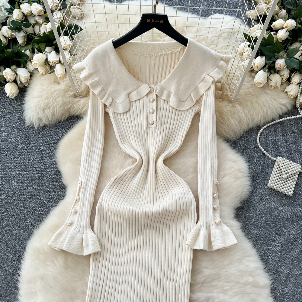 Pinched waist elasticity long dress doll collar dress