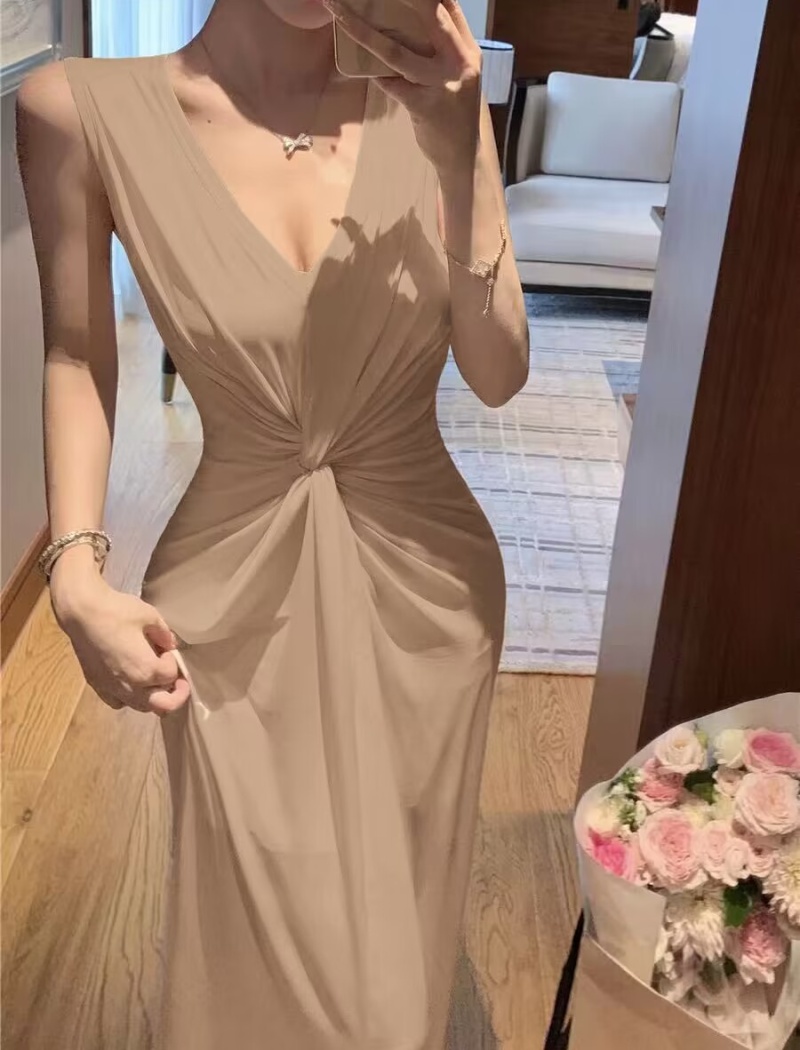 Fold sleeveless slim V-neck summer irregular fashion dress