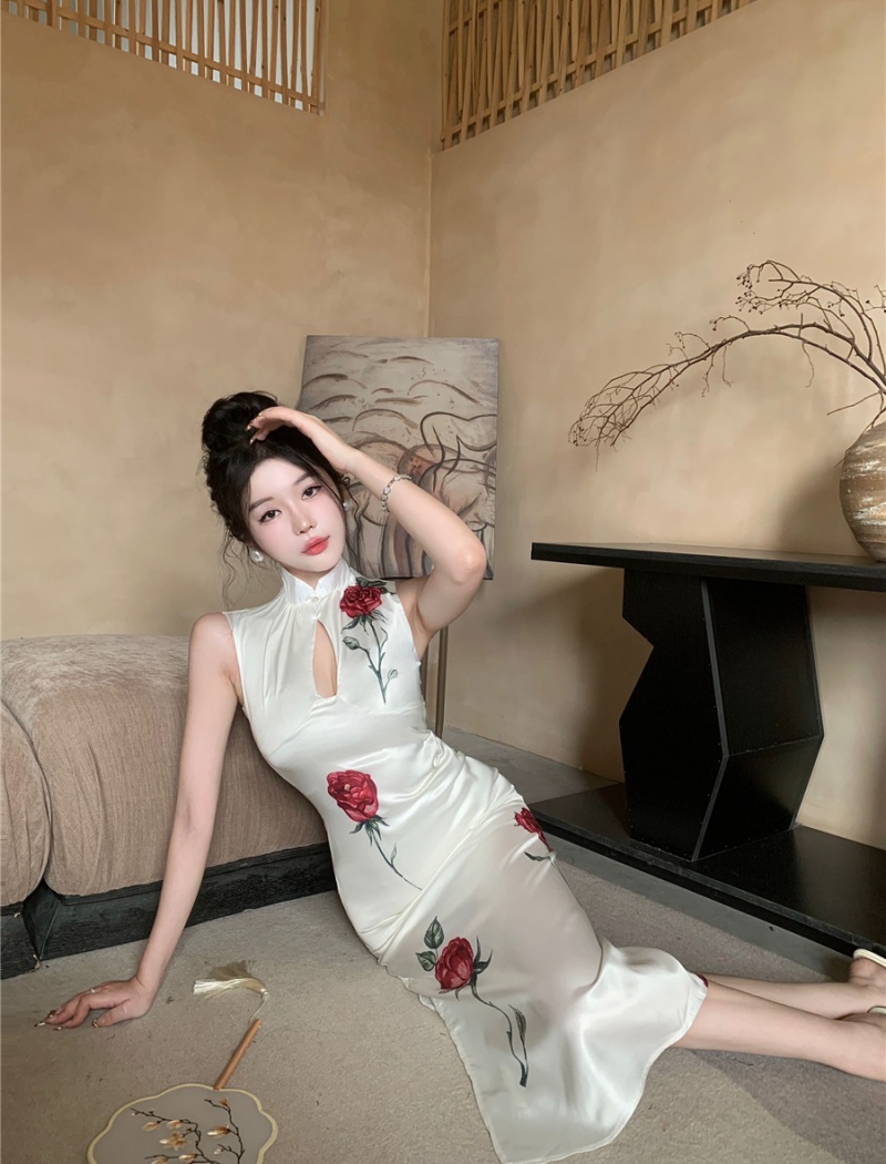 Chinese style rose cheongsam summer dress