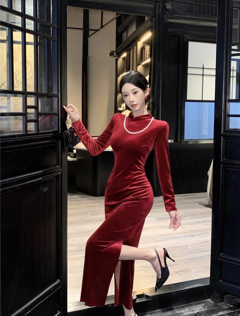 Light autumn cheongsam pearls chain formal dress