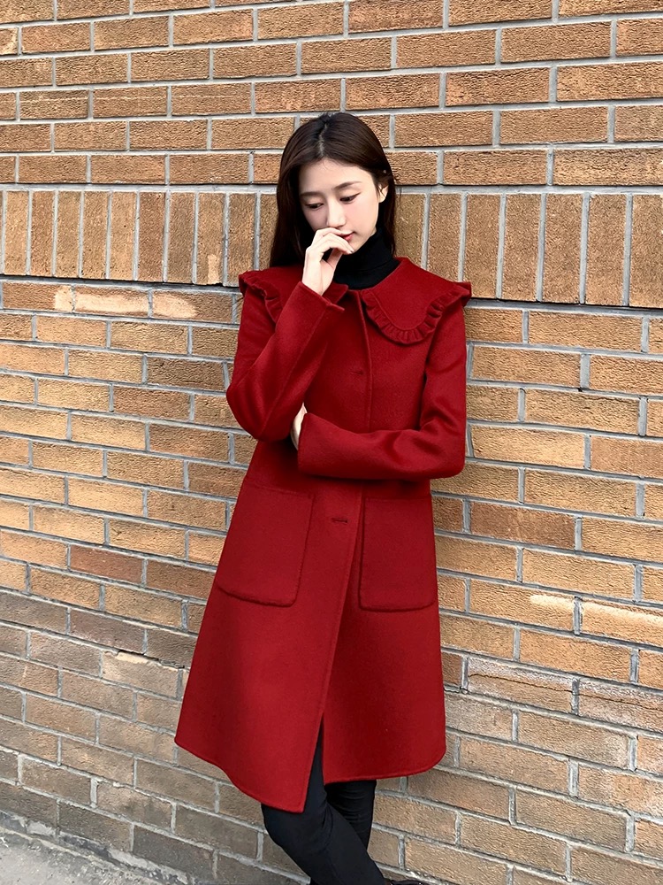 Woolen red overcoat winter woolen coat for women