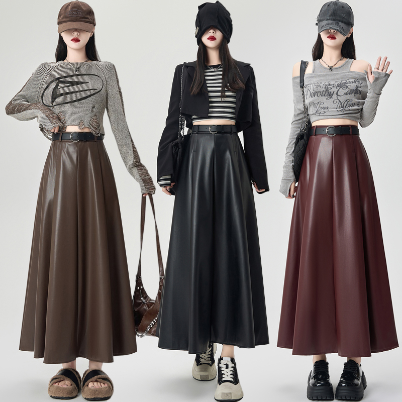 PU slim long Casual pleated drape skirt